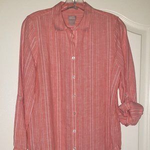 Chicos 00 Top Women Pink White Stripe Linen Button Up Long Sleeve No Iron